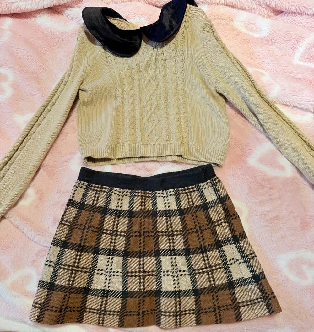 Happily Grey Kids Cable Knit Sweater and Plaid Skirt Set with Velvet Collar